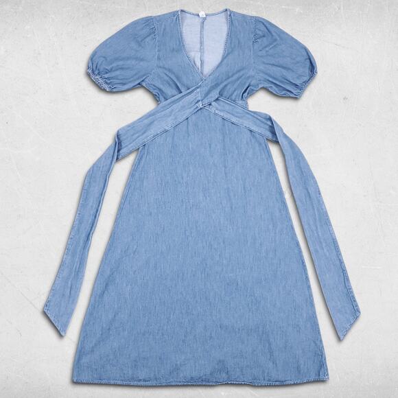 Old Navy Twist Front Midi Dress Womens S Denim Blue Puff Sleeve Cottage Boho - Picture 4 of 12